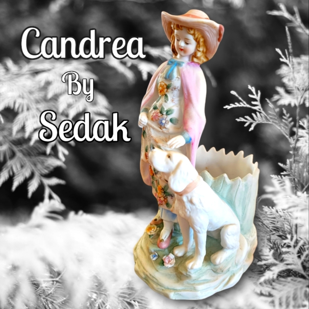 Vtg Candrea Sadek Figurine 6485 Women Lady/Dog Pink Cape Blue Dress Flowers - Picture 2 of 8